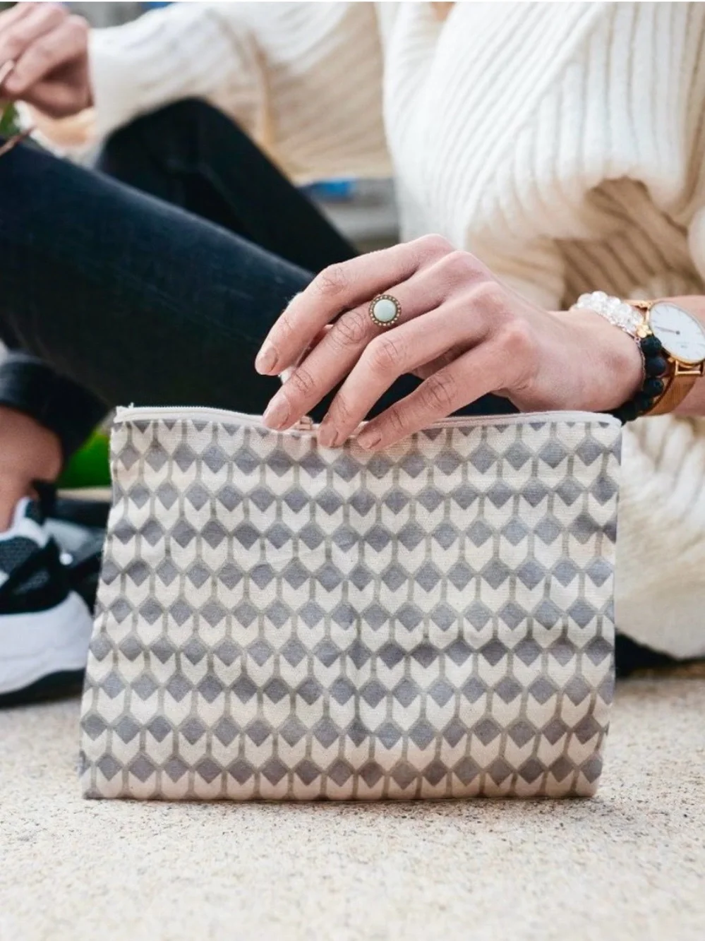 West Elm Gray & Cream Zip Cosmetic Pouch